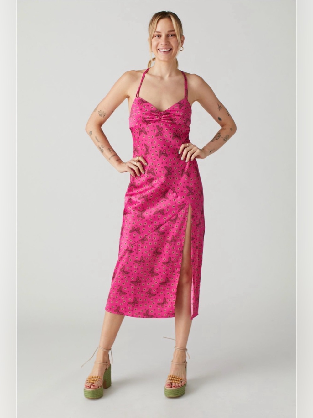 UO Samira Satin Slip Dress in Color Pink Size M